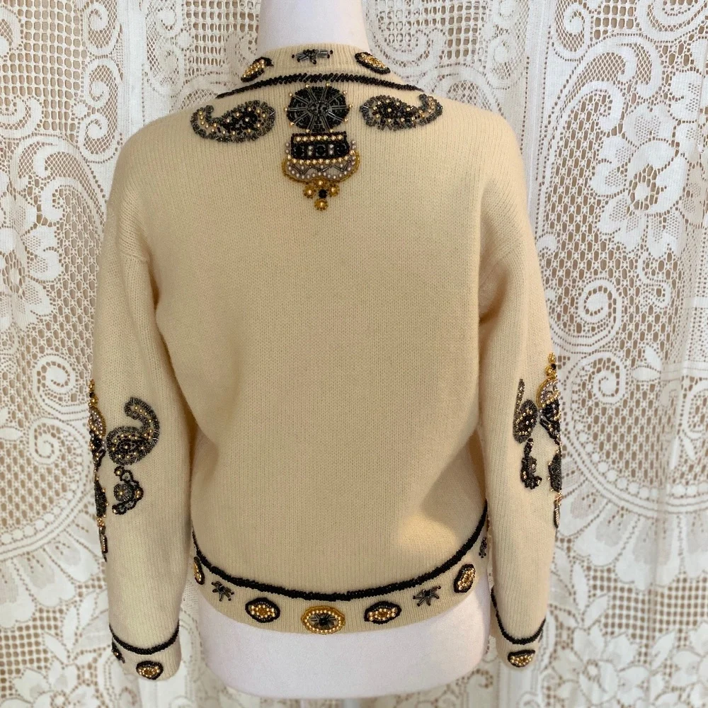 Vintage Premode Wool Beaded Cardigan Jacket (M) I Pearl & Gold Bead Embellished - Picture 3 of 11